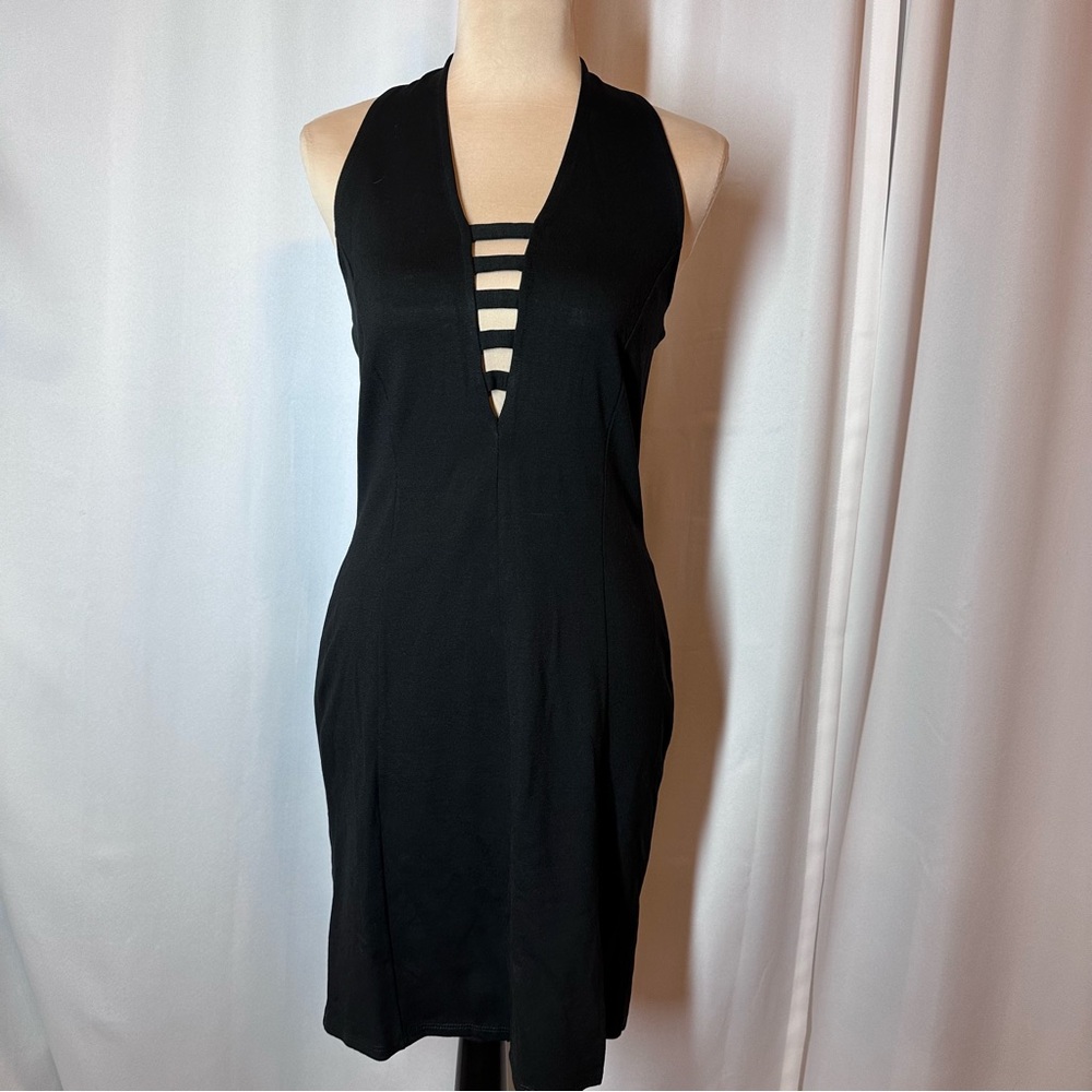 Y2k Black Bodycon Halter Dress Sz L Open Back Peep Cleavage Stretch Sexy Party